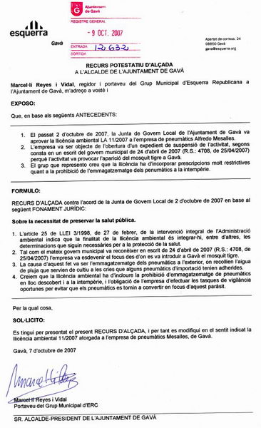 Recurs d'ERC de Gavà a la decisió de l'Ajuntament de Gavà de concedir la llicència a l'empresa de pneumàtics de Gavà on s'hi va establir el mosquit tigre a Gavà (9 d'octubre de 2007)